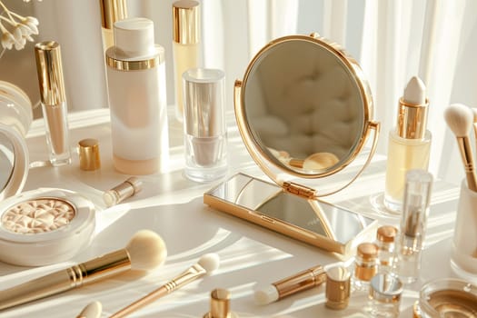 A collection of makeup products arranged on a white tabletop with a gold hand mirror.