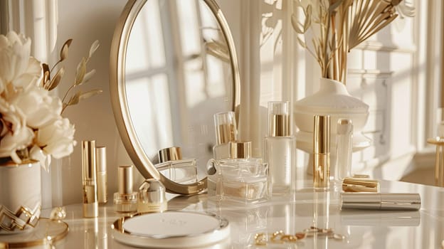 A vanity tabletop with a golden mirror and various cosmetic products, including bottles and lipsticks, arranged in a beautiful, organized manner.