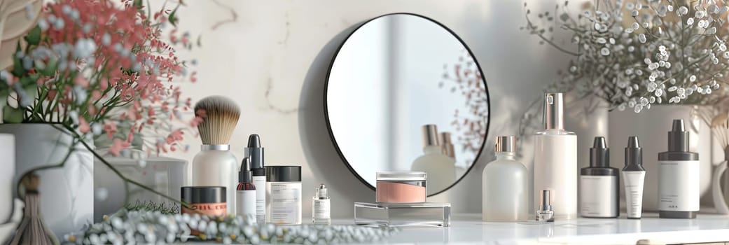 A close-up view of a vanity table with a circular mirror, surrounded by various cosmetic products and flowers.