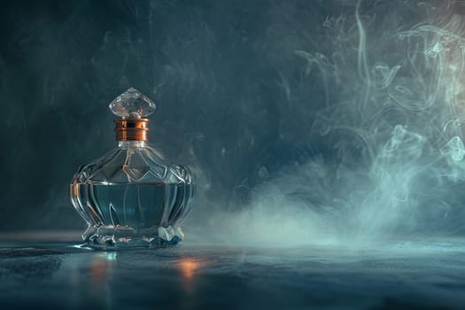 A close-up of an elegant glass perfume bottle with a crystal stopper, surrounded by mist, on a dark background.