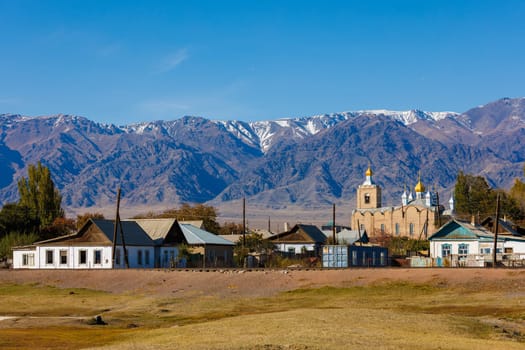 small Central Asia Balykchy town at sunny autumn afternoon in Kyrgyzstan in October 21, 2022