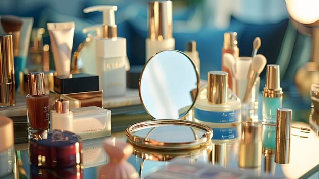 A close-up view of a tabletop mirror surrounded by an array of beautifully arranged cosmetics in a bright, inviting setting.