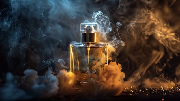 An elegant perfume bottle surrounded by delicate smoke plumes on a dark background.