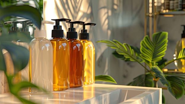 Four sleek bottles of shampoo and conditioner displayed on a white countertop in a contemporary bathroom.