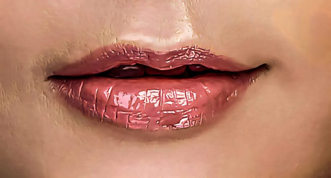 Sexy pink red woman lips close up, beautiful makeup, macro, beautiful pink red lip gloss, advertising, cosmetic, mouth slightly open mouth