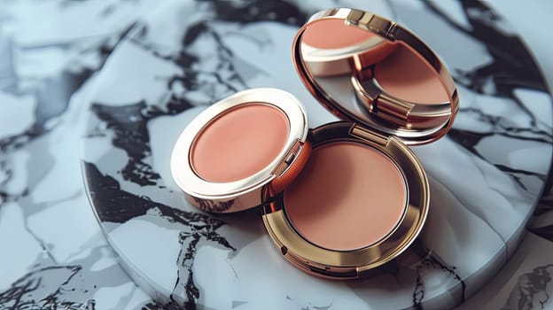 Two compact cases with powder and blush, both open, on a marble surface.