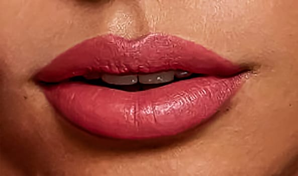 Sexy pink red woman lips close up, beautiful makeup, macro, beautiful pink red lip gloss, advertising, cosmetic, mouth slightly open mouth