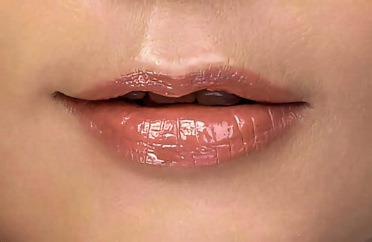 Sexy pink red woman lips close up, beautiful makeup, macro, beautiful pink red lip gloss, advertising, cosmetic, mouth slightly open mouth