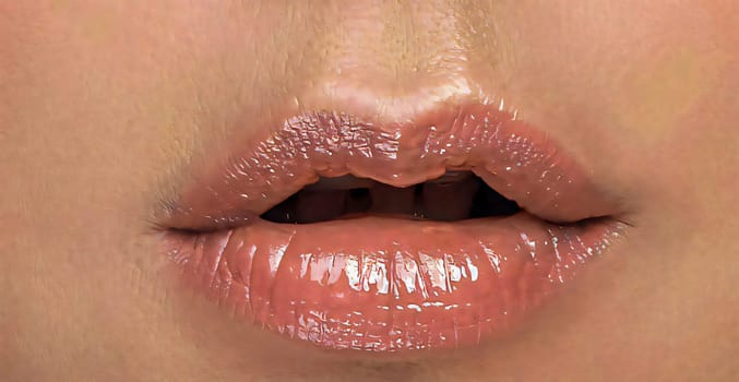 Sexy pink red woman lips close up, beautiful makeup, macro, beautiful pink red lip gloss, advertising, cosmetic, mouth slightly open mouth