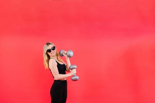 Woman, portrait and fitness, sunglasses and dumbbells, retro fashion accessory and muscle trainings