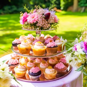 Cupcakes, cakes, scones and muffins and holiday decoration outdoors at the English country style garden, sweet desserts for wedding, birthday or party celebration, post-processed, generative ai