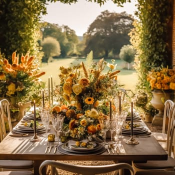 Autumn table scape, autumnal dinner table setting, holiday tablescape for wedding, birthday or party event celebration, post-processed, generative ai