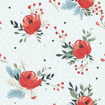 Seamless pattern, tileable Christmas holiday floral, country flowers dots print, English countryside roses for wallpaper, wrapping paper, scrapbook, fabric and product design motif