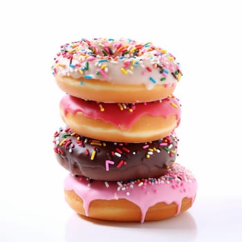 Three Doughnuts. Photo in Minimal Style. Mixed Frosted Sprinkled Donuts on White Backdrop.