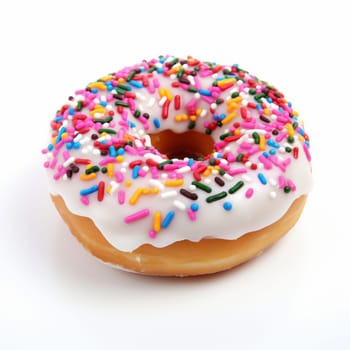 Sweet Vanilla Donut on White Background. White Donut Decorated with Colorful Sprinkles Isolated on White Background.