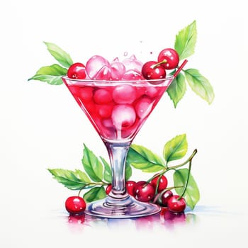 Cocktail Day with Lingonberry, Ice and Mint Leaves. Hand Drawn Coctail Day with Berries Sketch on White Background.