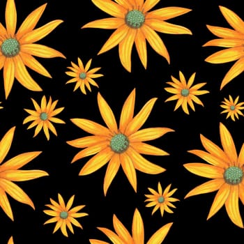 Topinambur Flower Seamless Pattern. Hand Drawn Floral Digital Paper on Black Background.