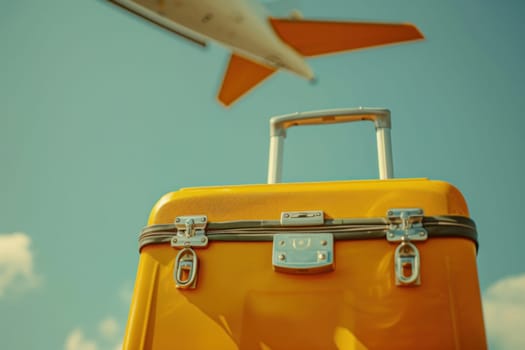 Traveling in style vibrant orange suitcase against the blue sky with airplane background