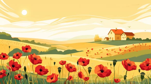 Field of red poppies and house in background serene countryside landscape with floral beauty