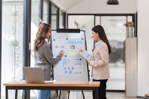 Two Businesswomen presenting financial reports on whiteboard.