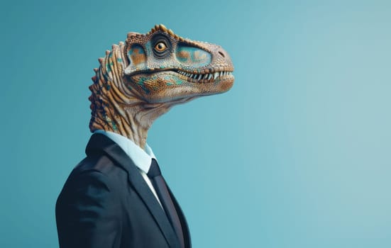 Dapper trex a stylish businessman on a blue background with a dash of humor