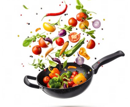 Flying vegetables in frying pan on white background for healthy cooking and culinary concept