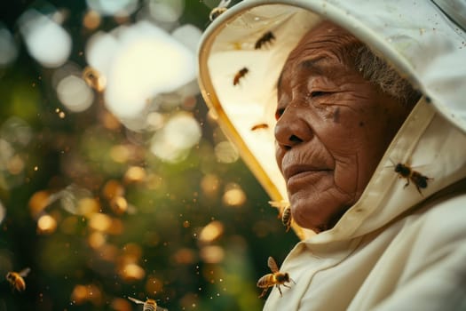 Elderly woman in beekeeper's suit surrounded by swarm of bees in medical beekeeping adventure