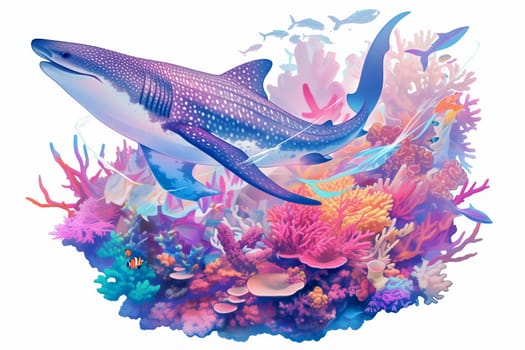 A whale shark swims through a colorful coral reef, surrounded by various fish and marine life.