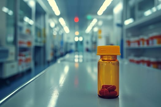 A bottle of pills is placed on top of a counter, with its label facing upward. The counter is made of smooth, light-colored material.