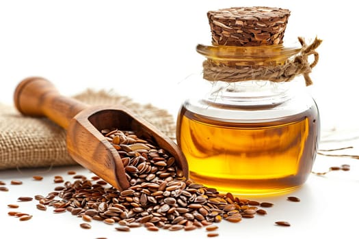 A close-up image of flax seeds and oil, with the seeds in a wooden scoop and the oil in a glass jar, on a white background.