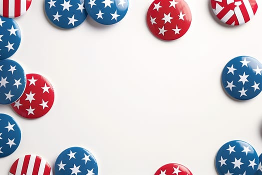 A top-down view of a white background with several small American flag pins scattered around the edges.