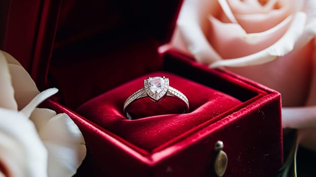 Jewellery, proposal and holiday gift, vintage diamond engagement ring in red velvet box, symbol of love, romance and commitment inspiration