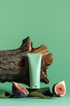 A green cosmetic tube placed on a piece of wood with halved figs in front, set against a matching green background.