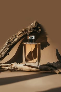 A fragrance bottle resting on a rustic wooden surface.