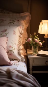Bedroom decor, modern cottage interior design and home decor, bed linen and elegant country bedding, lamp and flowers, English countryside house style inspiration