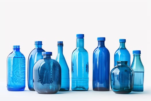 A collection of blue glass bottles arranged in a row.