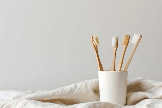 Four toothbrushes are neatly arranged in a cup placed on a bed, ready for use.