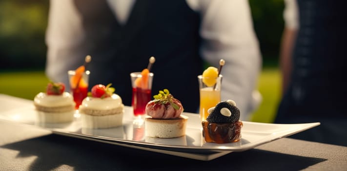 Luxury food service, appetisers by a waiter at a wedding celebration or formal event in classic English style at luxurious hotel or country estate, post-processed, generative ai