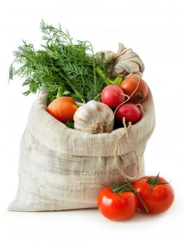 Burlap bag filled with fresh vegetables including tomatoes, garlic, radishes, carrots, and greens on white background. Healthy eating and eco friendly shopping concept. Ai generation. High quality