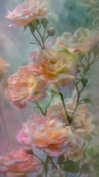 Soft focus peach roses in a hazy garden