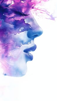 A side profile of a womans face artistically blended with purple watercolor splashes, expressing creativity and abstraction - Generative AI