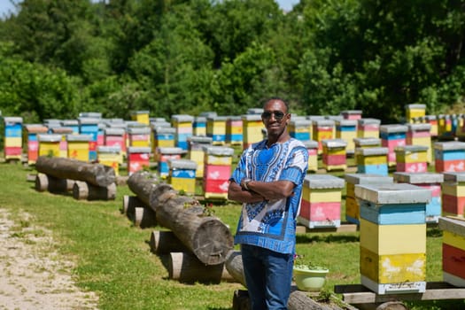 African American teenager clad in traditional Sudanese attire explores small beekeeping businesses amidst the beauty of nature