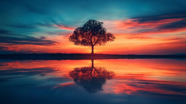 A single tree standing tall in near a lake, surrounded by the calm waters reflecting the vibrant colors of the setting sun - Generative AI