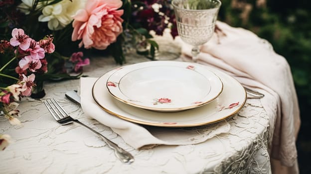 Table decor, holiday tablescape and dinner table setting in countryside garden, formal event decoration for wedding, family celebration, English country and home styling inspiration