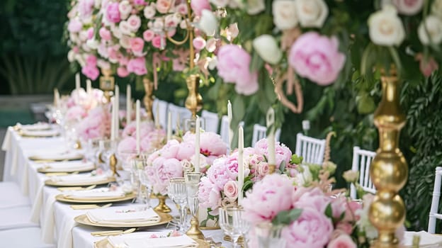 Wedding decoration with peonies, floral decor and event celebration, peony flowers and wedding ceremony in the garden, English country style