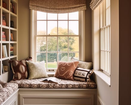 Window seat, interior design and comfort at home, reading nook with bookshelves and cushions, home decor in a country house, English cottage style, post-processed, generative ai