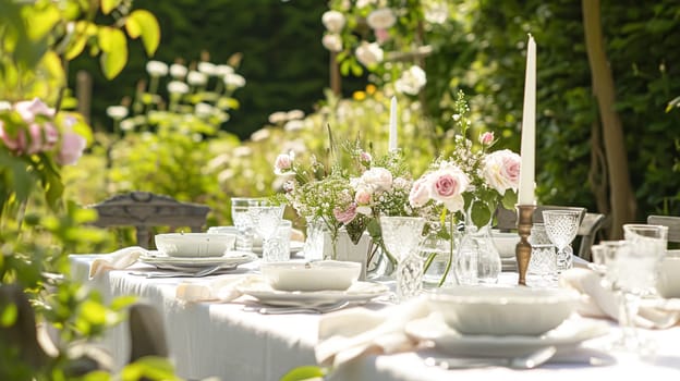 Beautifully set table for a garden party, adorned tablescape with vibrant floral arrangements, under the shade of blossoming rose bushes, inviting a sense of elegance and natural charm