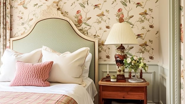 Charming bedroom decor, interior design and home decor, bed with elegant bedding and bespoke furniture, English country house, holiday rental and cottage style interiors