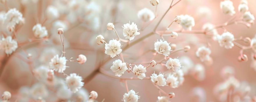 Delicate white gypsophila flowers with blurred pinkish background