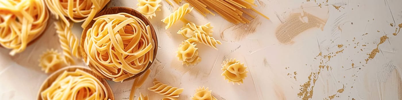 Pasta recipe preparation flatlay background with ingredients, spaghetti, olive oil, garlic, tomatoes and spices in the kitchen, homemade food recipe idea